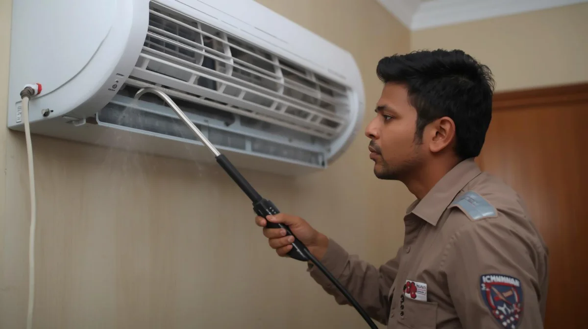 AC cleaning technician cleaning split AC indoor unit in Dhaka