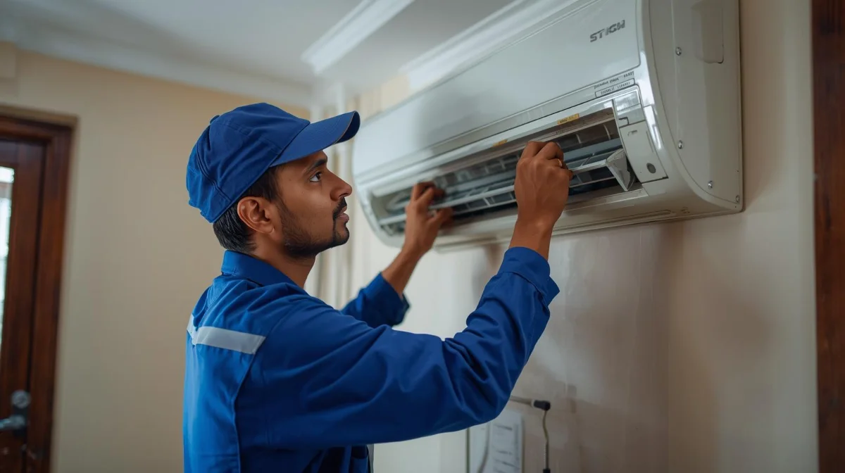AC installation technician working in Dhaka home