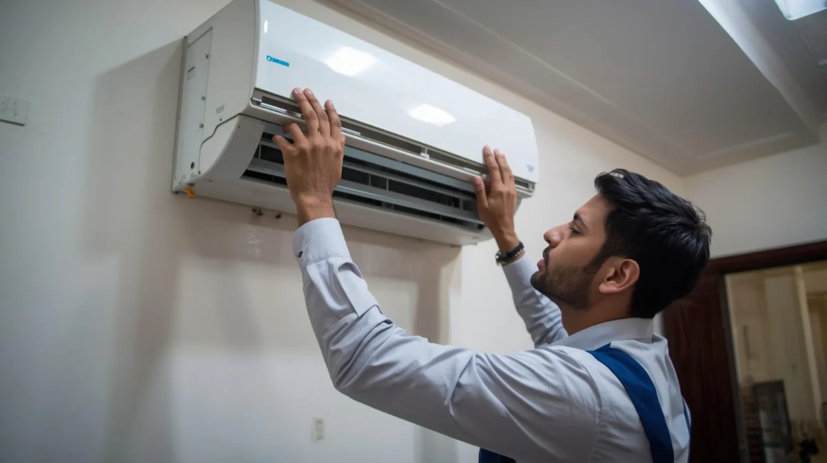 AC repair technician fixing air conditioner in Dhaka home