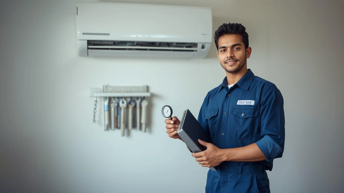 Brand AC repair technician working on a Samsung AC unit in Dhaka